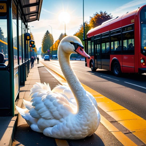 Image of a swan in a belt on the bus stop