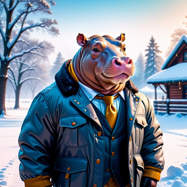 Picture of a hippopotamus in a jacket in the snow