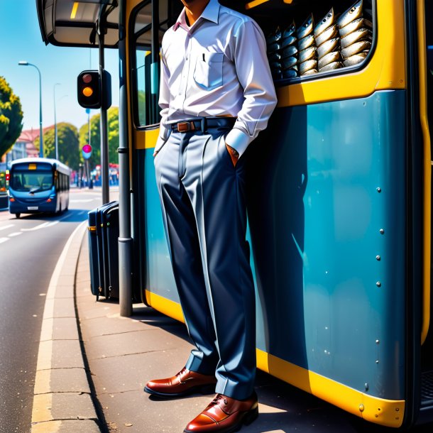 Pic d'une sardine dans un pantalon sur l'arrêt de bus