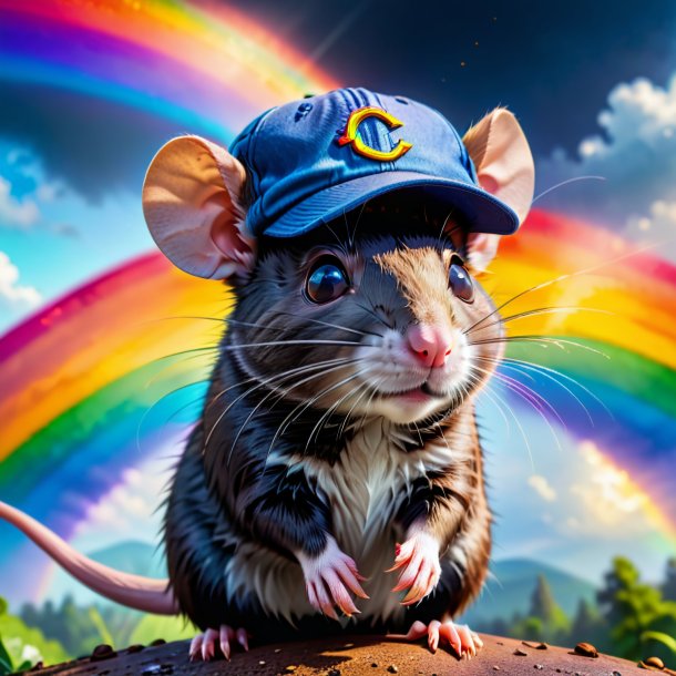 Pic d'un rat dans une casquette sur l'arc-en-ciel