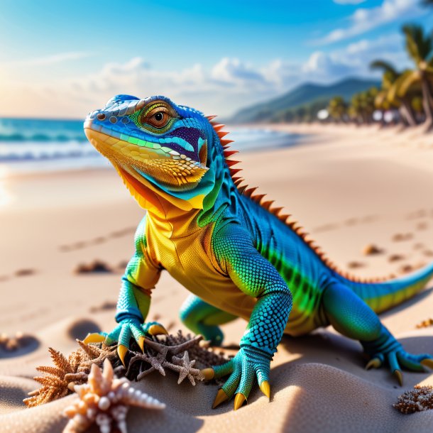 Foto de un lagarto en guantes en la playa