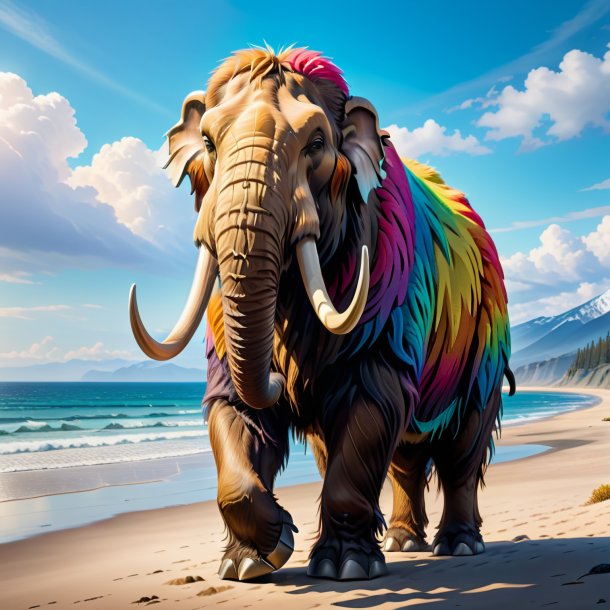 Drawing of a mammoth in a coat on the beach