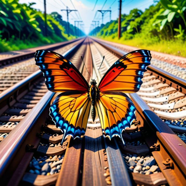 Foto de una mariposa en un cinturón en las vías del ferrocarril