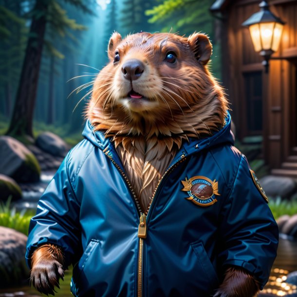 Photo of a beaver in a blue jacket