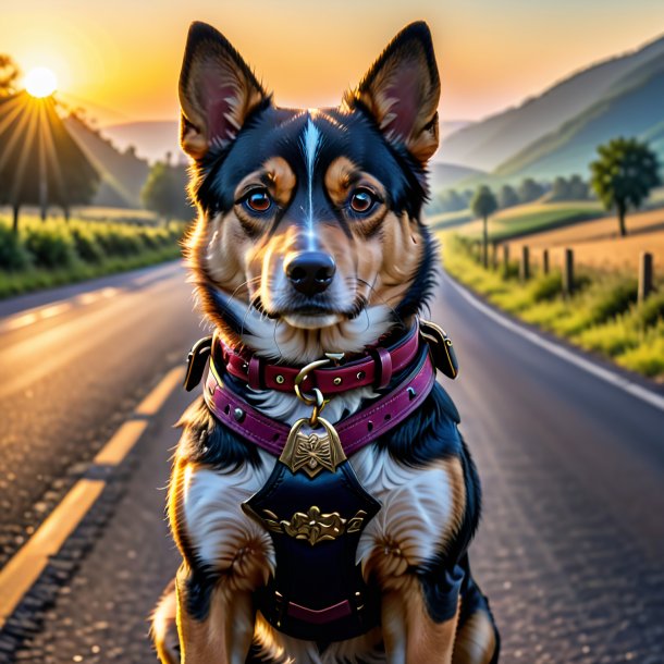 Image of a dog in a belt on the road