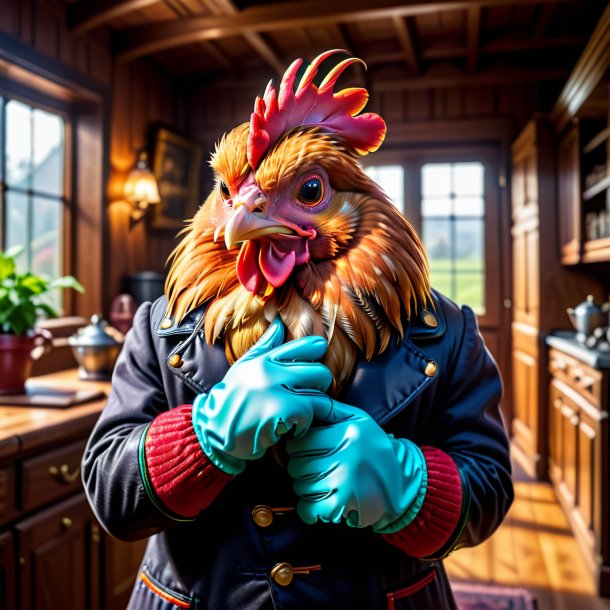 Foto de una gallina en guantes en la casa