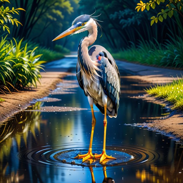 Image of a heron in a trousers in the puddle