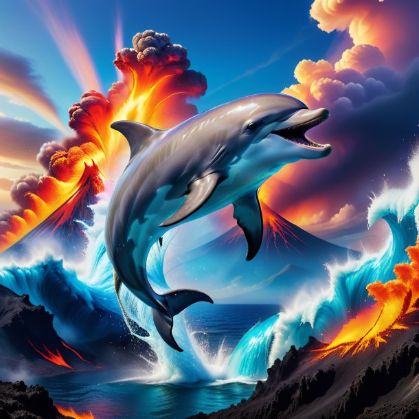 Photo of a jumping of a dolphin in the volcano