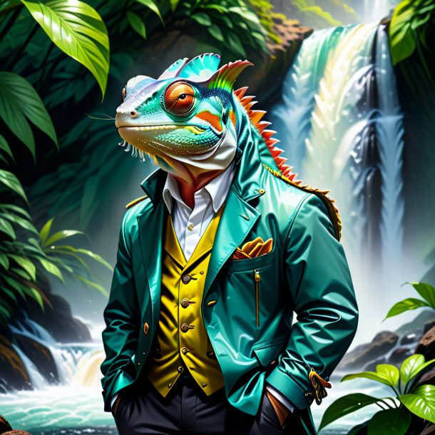 Drawing of a chameleon in a jacket in the waterfall