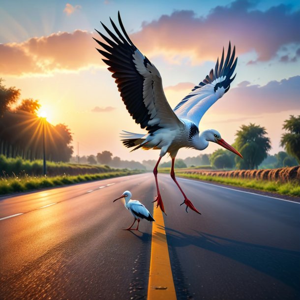 Photo of a playing of a stork on the road