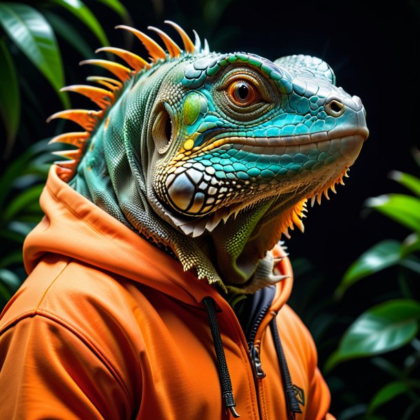 Foto de una iguana en una sudadera naranja