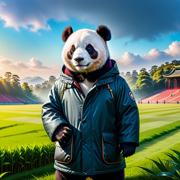 Picture of a giant panda in a coat on the field