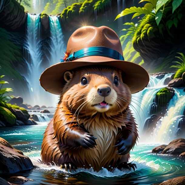 Drawing of a beaver in a hat in the waterfall