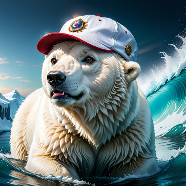 Image of a polar bear in a cap in the water