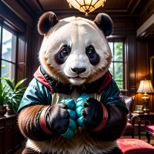 Foto de un panda gigante en guantes en la casa