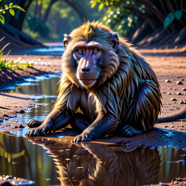 Image of a resting of a baboon in the puddle