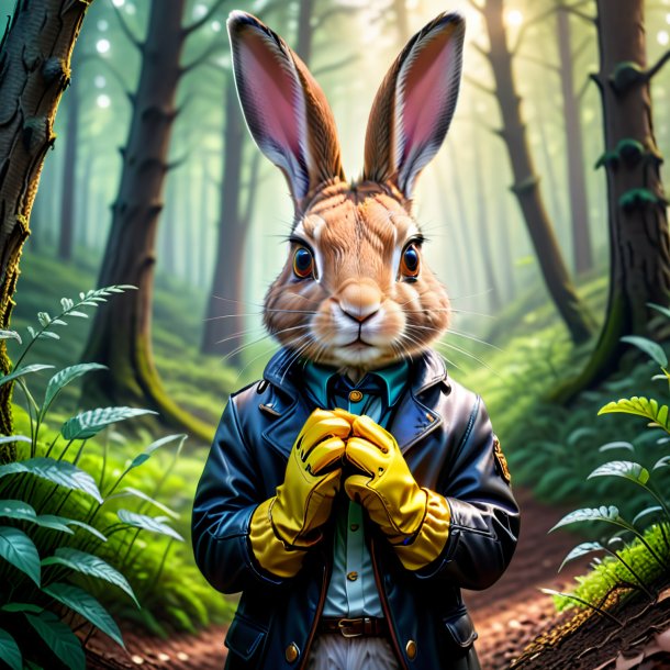 Pic of a hare in a gloves in the forest