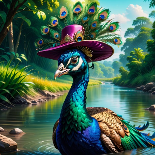 Ilustración de un pavo real en un sombrero en el río