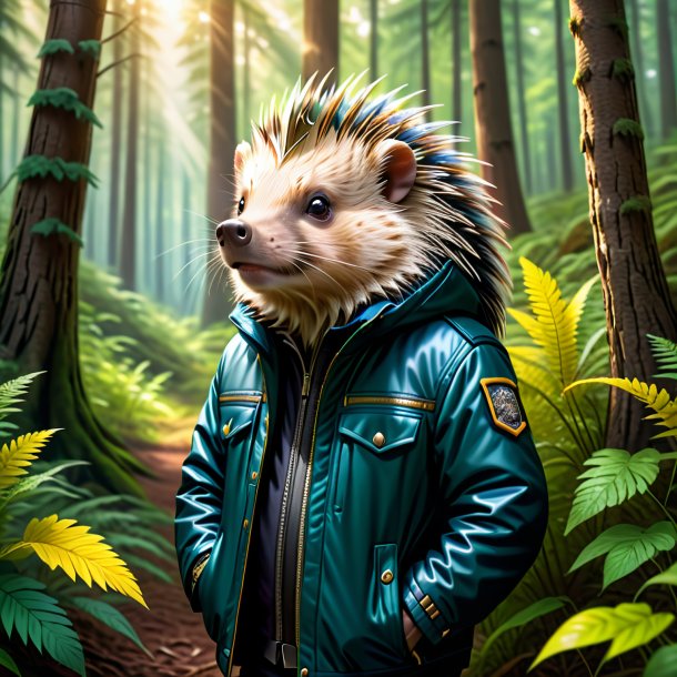 Illustration of a porcupine in a jacket in the forest