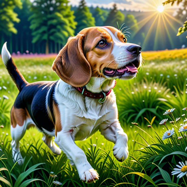 Image of a playing of a beagle in the meadow