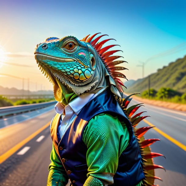 Imagem de uma iguana em um colete na rodovia