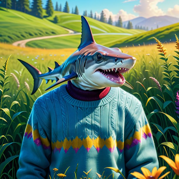 Illustration of a hammerhead shark in a sweater in the meadow