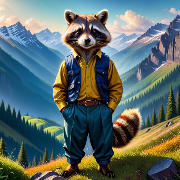 Image of a raccoon in a trousers in the mountains