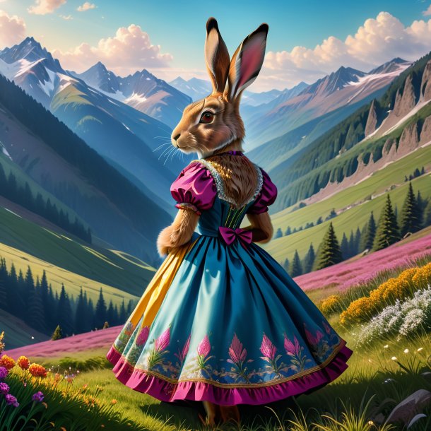 Drawing of a hare in a dress in the mountains