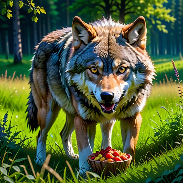 Pic of a eating of a wolf in the meadow