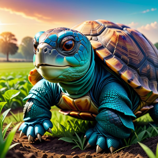 Picture of a tortoise in a gloves on the field