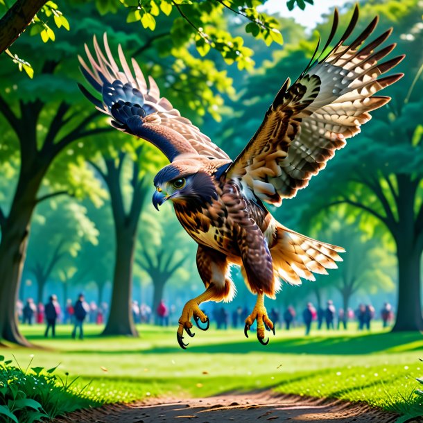 Picture of a jumping of a hawk in the park