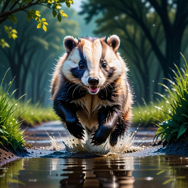 Image of a jumping of a badger in the puddle