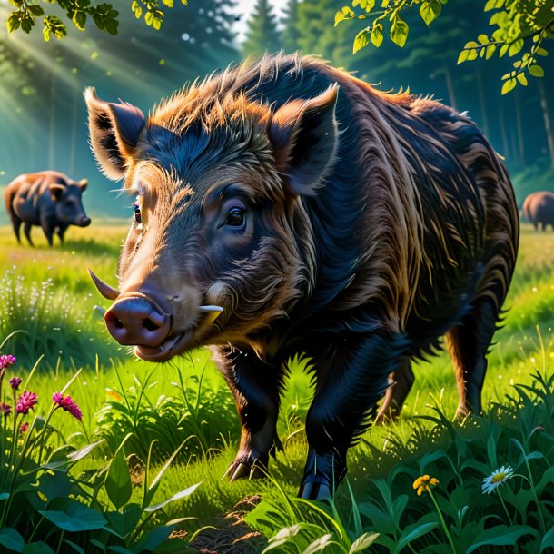 Image of a eating of a boar in the meadow