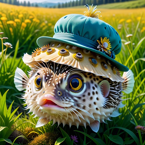 Photo of a pufferfish in a hat in the meadow