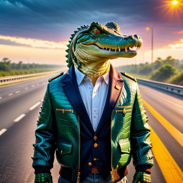 Pic of a crocodile in a jacket on the highway