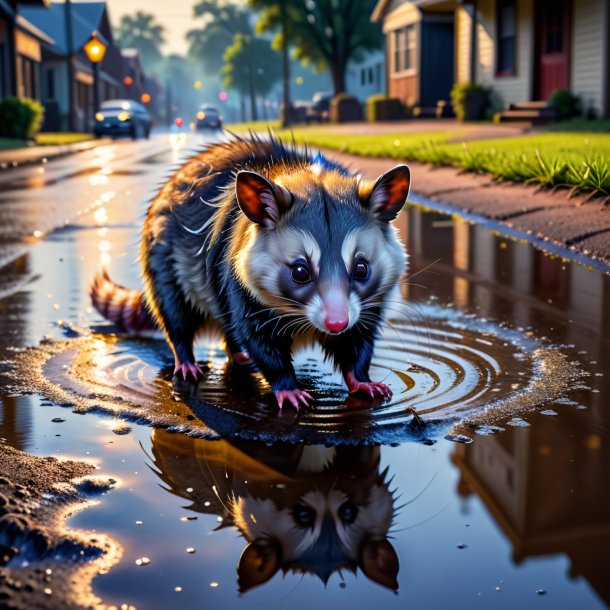 Foto de un trago de una zarigüeya en el charco