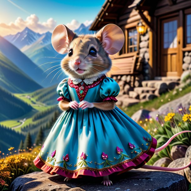 Photo of a mouse in a dress in the mountains