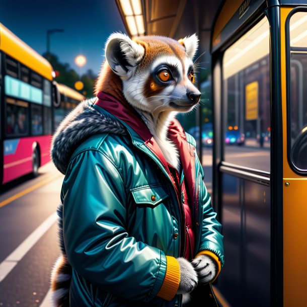 Illustration of a lemur in a jacket on the bus stop