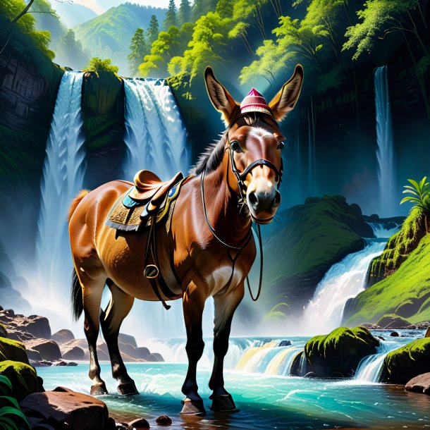 Drawing of a mule in a cap in the waterfall