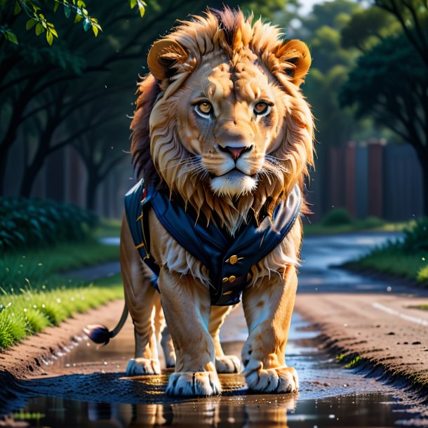 Pic of a lion in a vest in the puddle