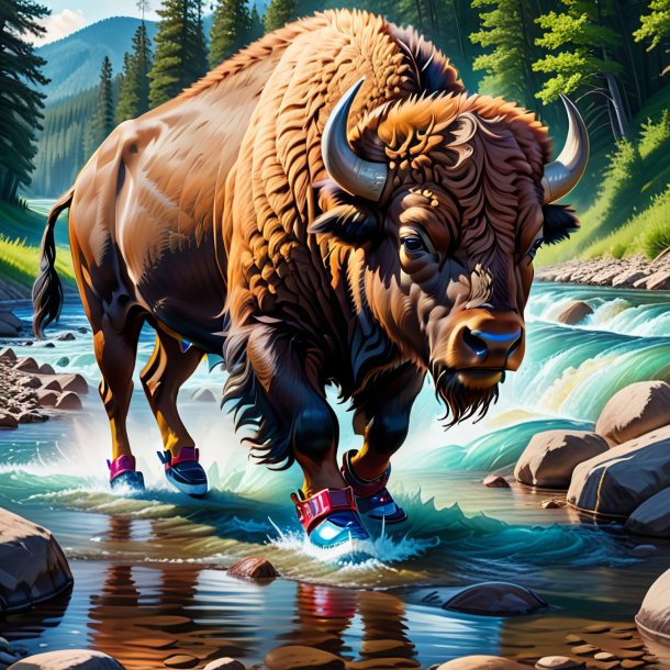 Dessin d'un bison dans une chaussure dans la rivière