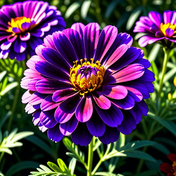 "fotografía de una caléndula púrpura, jardín"