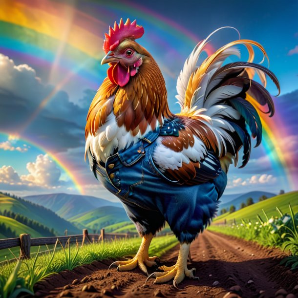 Foto de una gallina en un vaquero en el arco iris