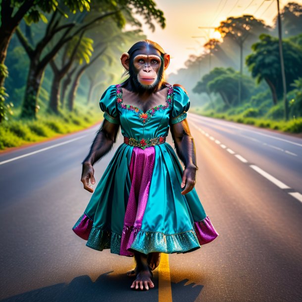 Image d'un chimpanzé dans une robe sur la route