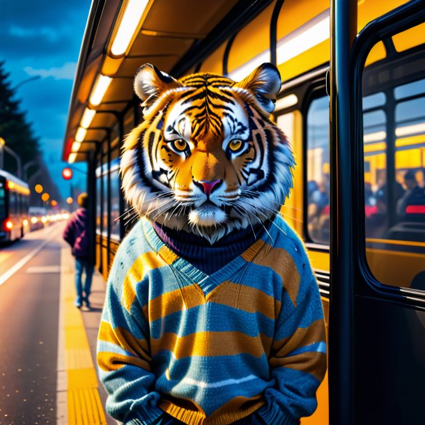 Image of a tiger in a sweater on the bus stop