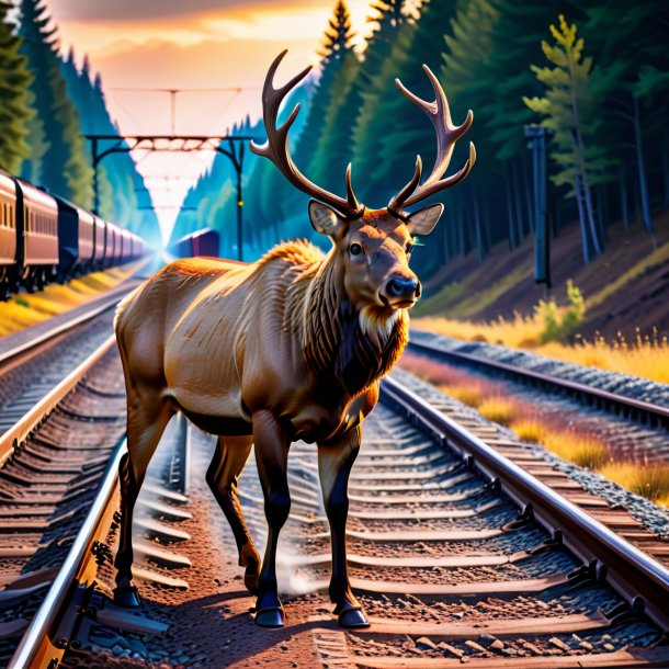 Image of a elk in a gloves on the railway tracks