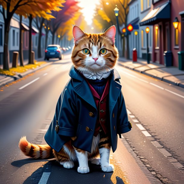 Drawing of a cat in a coat on the road