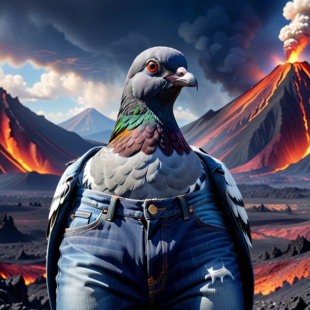 Image of a pigeon in a jeans in the volcano