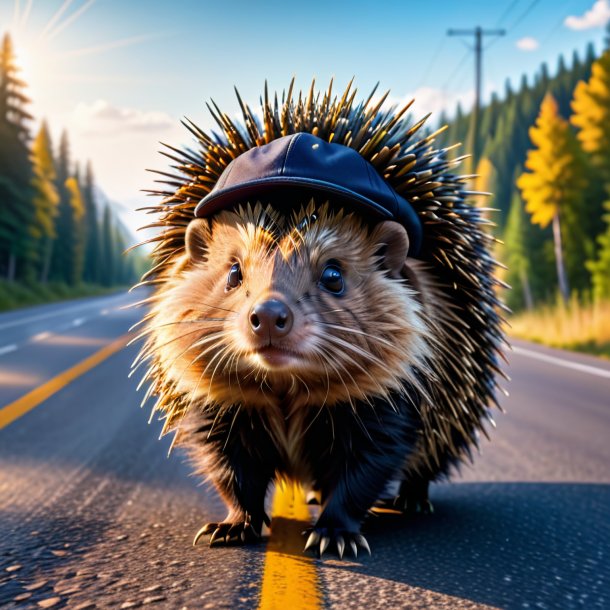 Photo d'un porc-épic dans une casquette sur la route