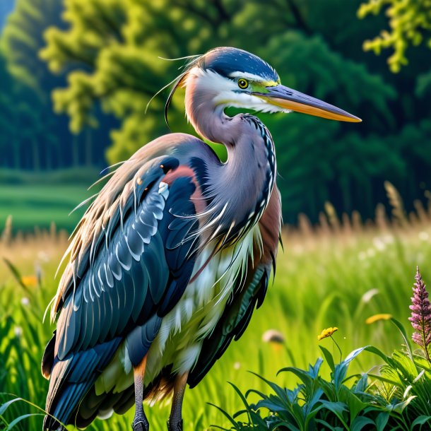 Photo d'un héron dans une veste dans la prairie